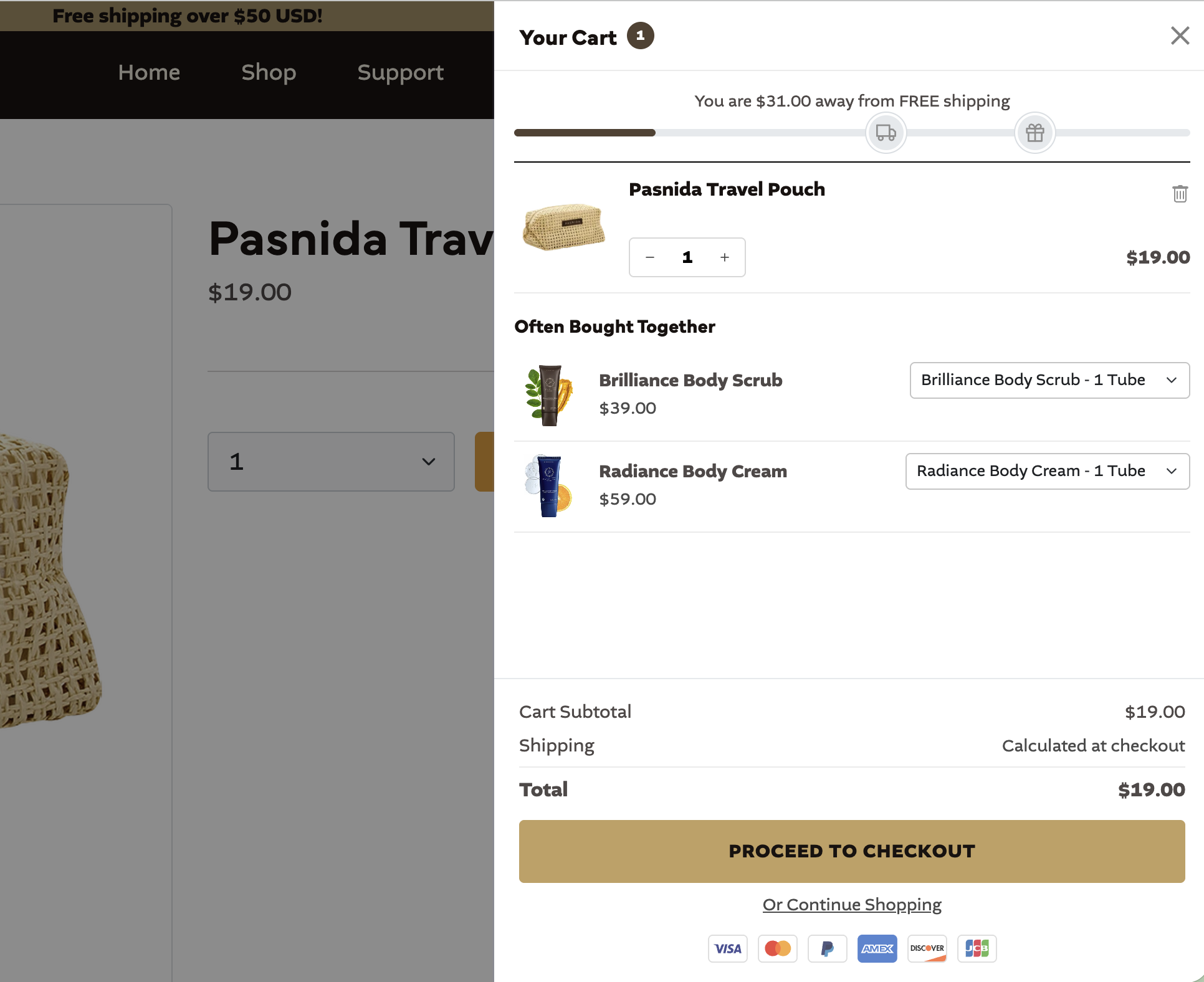 Side cart drawer with shipping progress, line items, and often-bought-together upsells