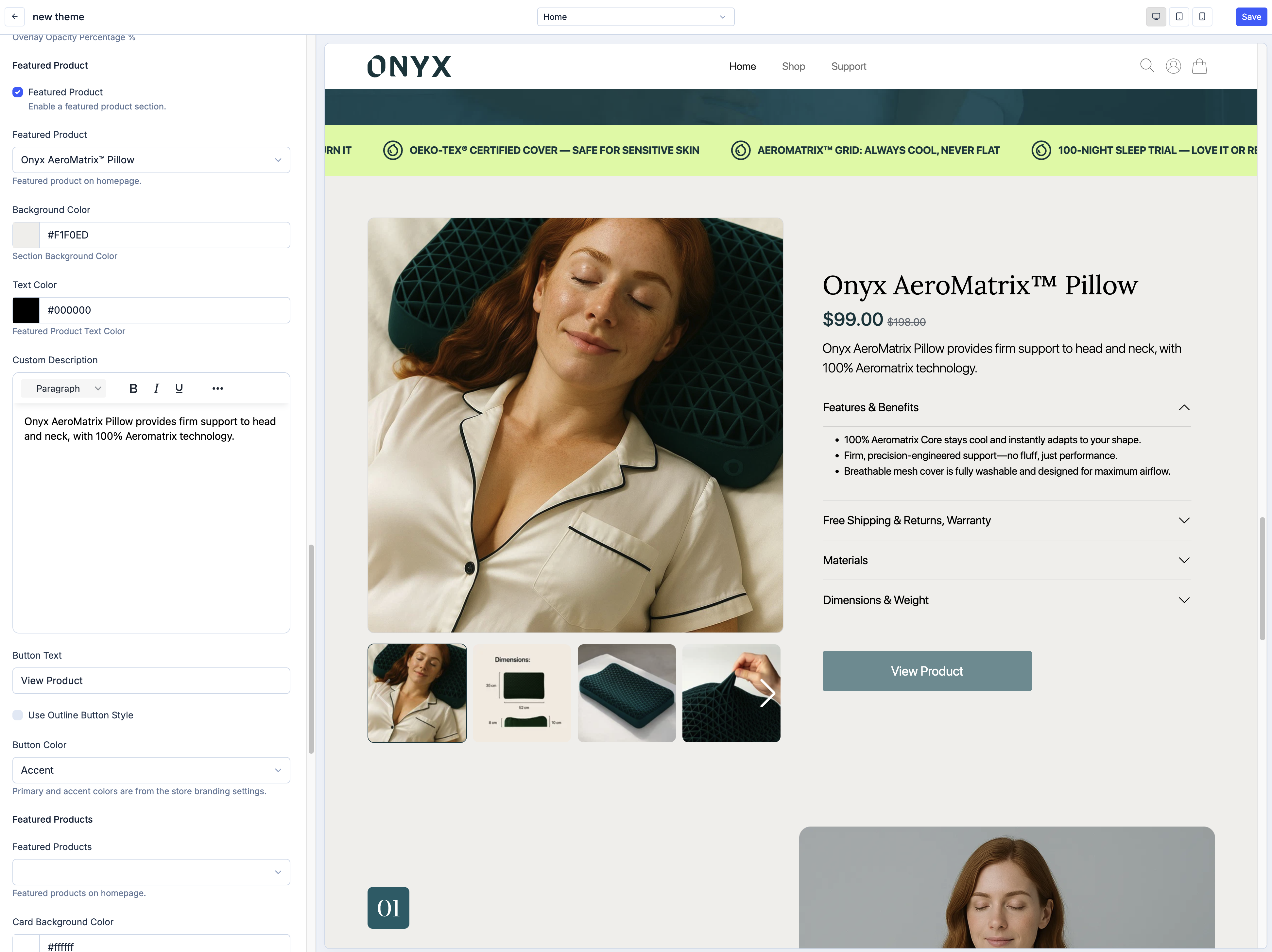 Featured product section in the theme editor with live ONYX storefront preview