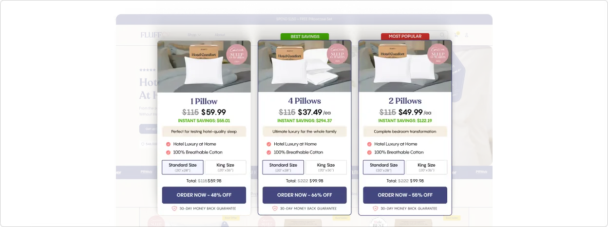 Multi-package bundle selector with quantity tiers and size variants