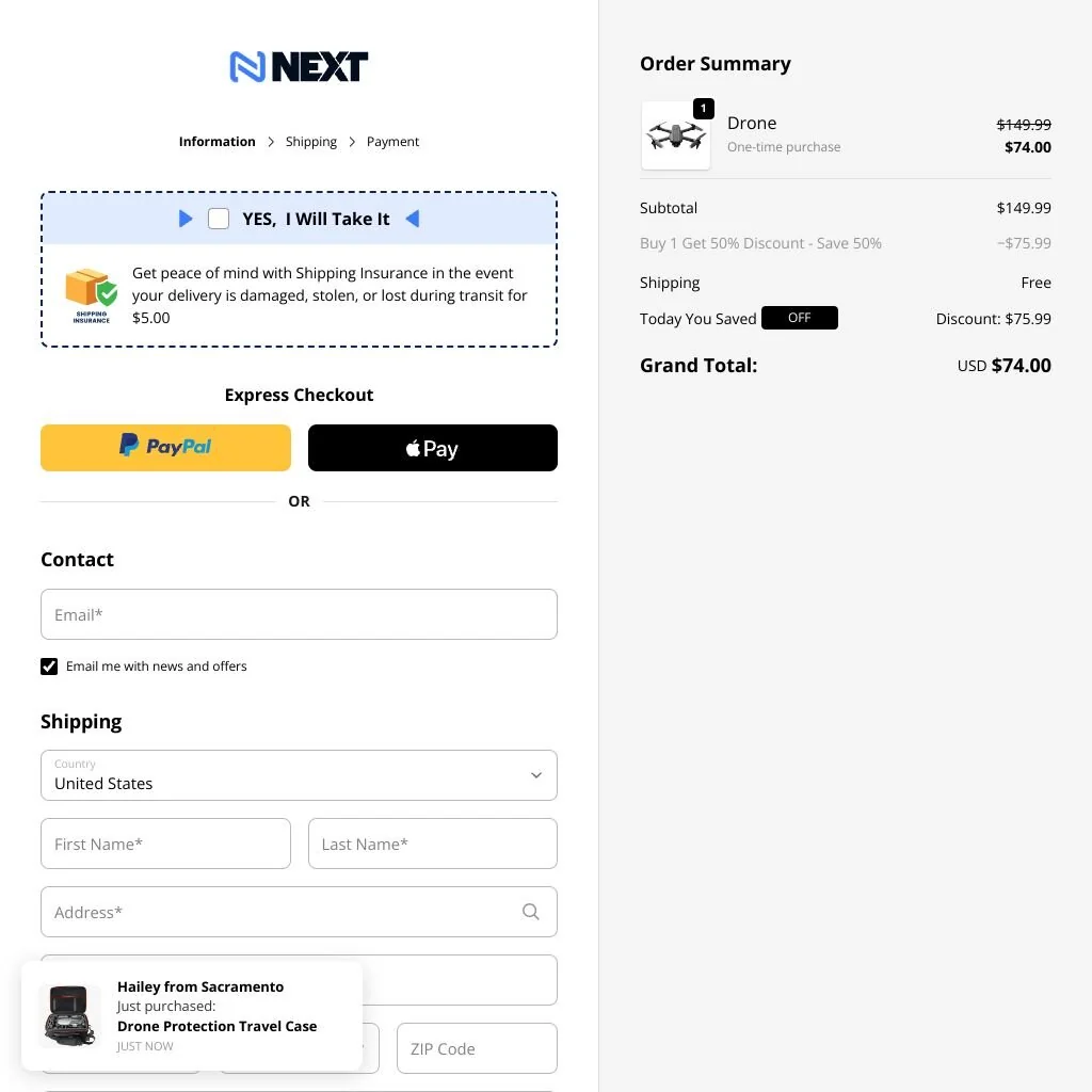 Shop three-step checkout with Information, Shipping, and Payment stages