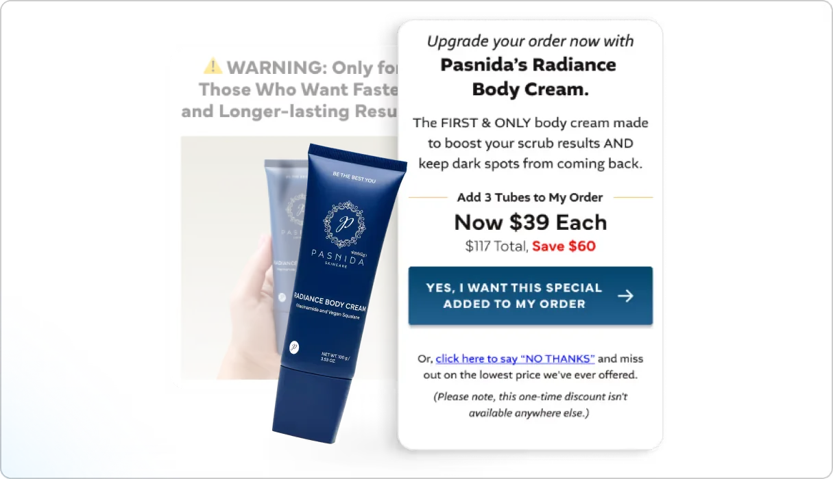 Post-purchase upsell offer modal with one-click add to order