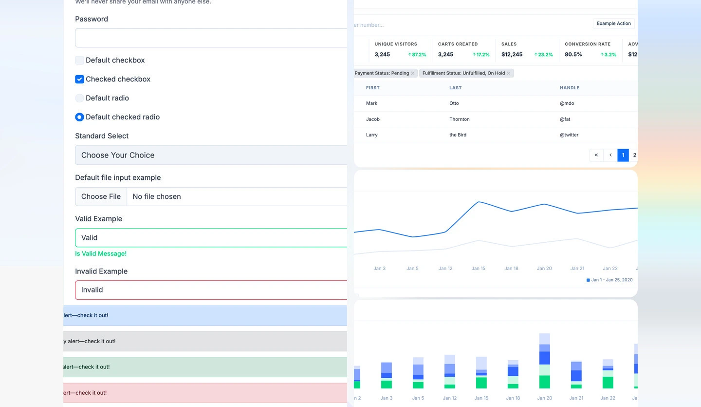 App UI design system collage showing forms, KPI cards, alerts, and chart components