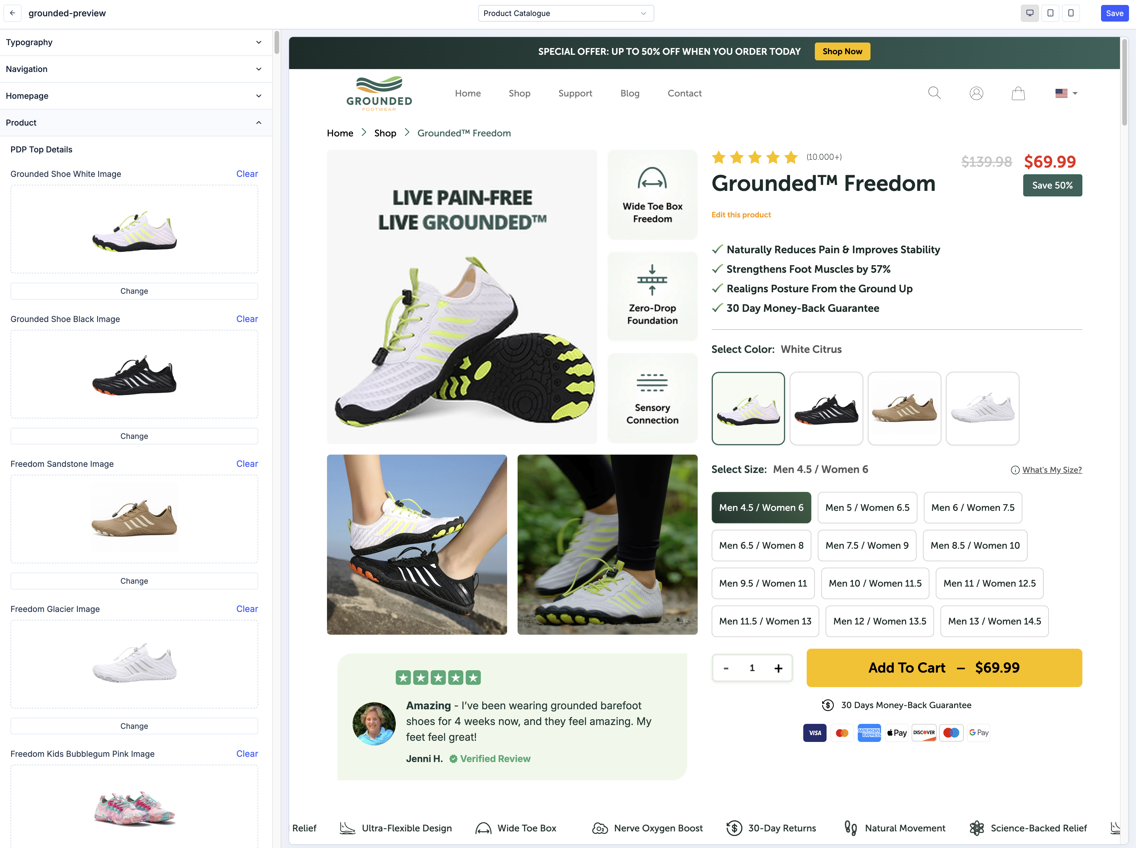 Theme editor preview with PDP variant picker and live storefront